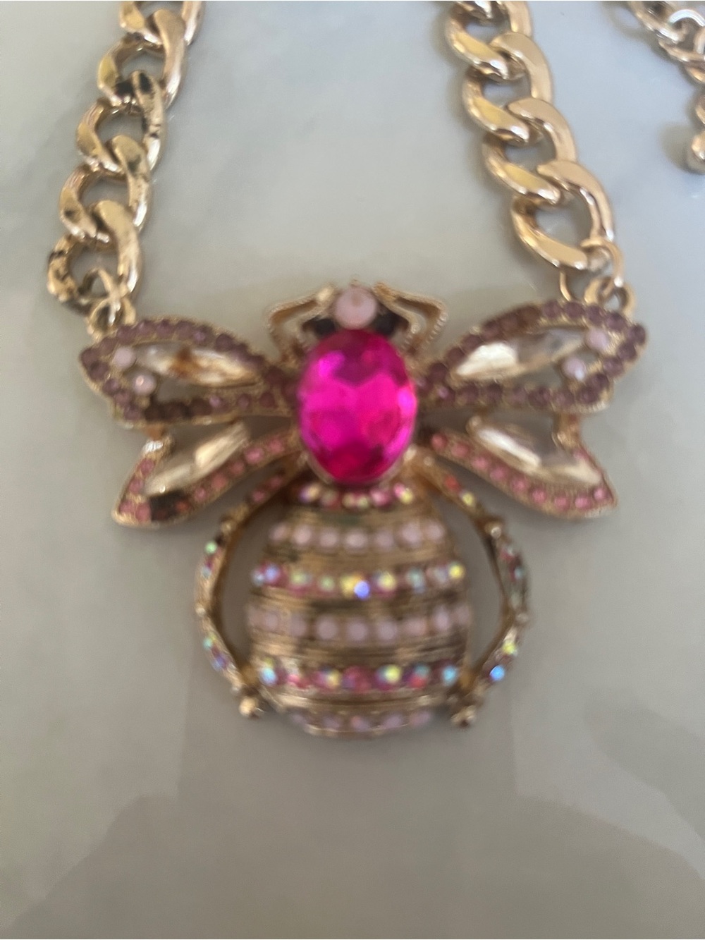 chunky gold chain necklace large pink crystal bee pendant